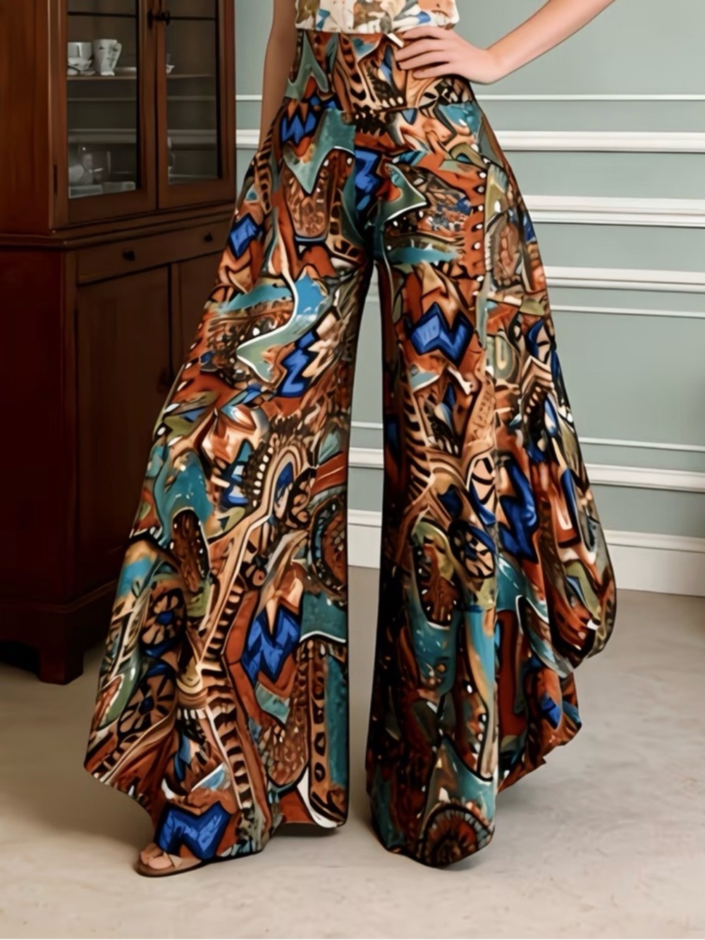Boho Printed Wide-Leg Palazzo Summer Pants in Teal & Brown New Boutique - Picture 2 of 6